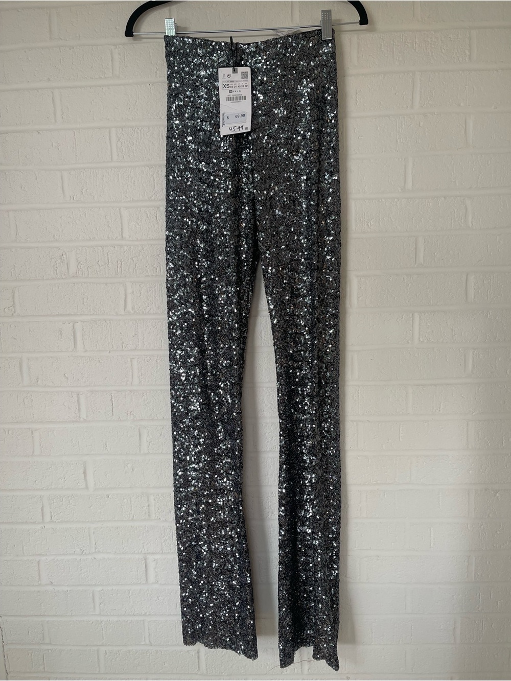 NWT Zara Festive Days Silver Sequin High Rise Flare Pants XS - Picture 4 of 6